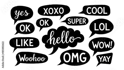 A set of fun and expressive speech bubbles with phrases like "Hello", "OMG", "Cool", "Yay", and more in a bold black and white design