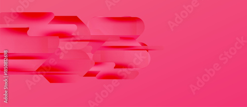Abstract pink background features layered red shapes. Smooth gradients create dynamic visual effect. Minimalist design, modern aesthetic.