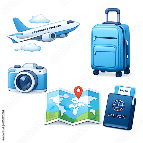 A professional illustration set of travel icons featuring a digital camera, suitcase, and business briefcase symbols designed as 3D objects for luggage and photography equipment signage