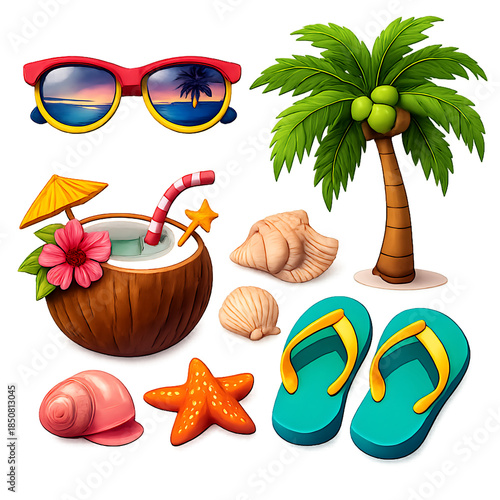 illustration set of tropical beach items and summer accessories featuring sun, sand, sea, and palm tree icons for travel vacation design