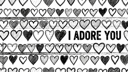 Romantic monochrome heart doodle pattern with sweet hand drawn love illustration and bold affectionate message saying I Adore You