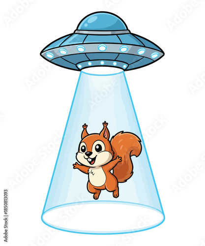 A happy cartoon squirrel being lifted into a flying saucer by a bright blue tractor beam.