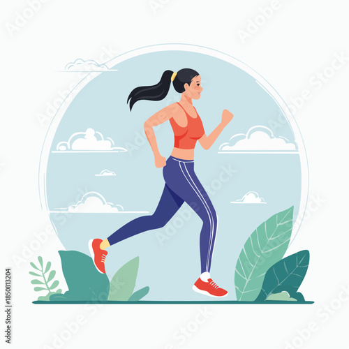 Vibrant illustration of a fit woman enjoying an outdoor run, depicting a healthy and active lifestyle with a focus on sports, fitness, and regular exercise
