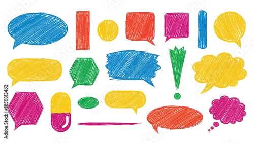 Colorful hand-drawn speech bubble doodle set with playful cartoon shapes, thought clouds, messages and creative expression elements