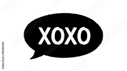 Simple black speech bubble with bold white “XOXO” text representing hugs and kisses in a cute minimal graphic design