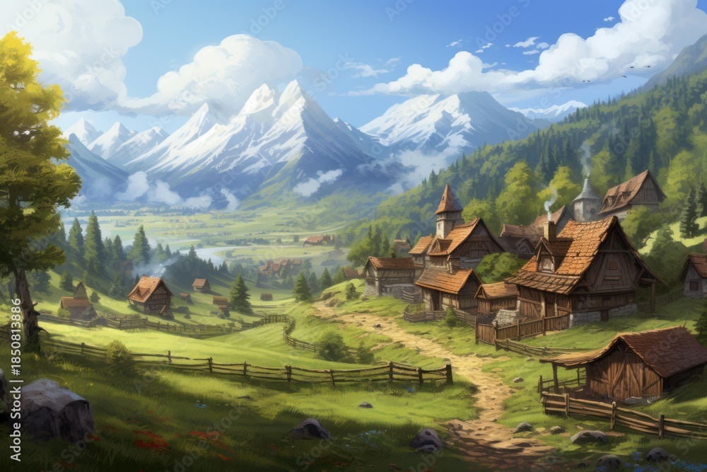 Obraz premium Idyllic village nestled in lush valley beneath majestic snow capped mountains