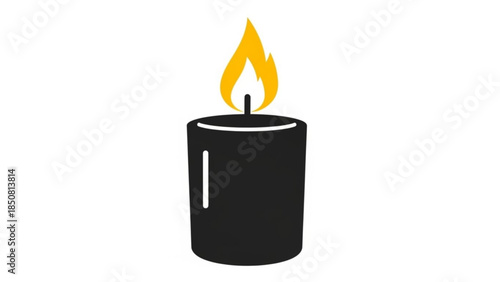 Black candle with bright yellow flame burning on top, simple illustration on white background