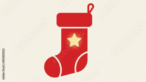 A bright red christmas stocking with a yellow star on a cream background, holiday decoration, festive, christmas eve, gift, winter, tradition, celebration, cheerful