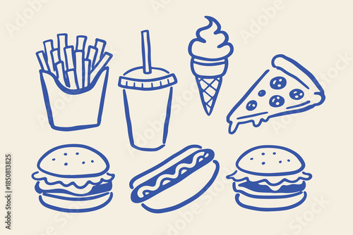 Fast Food Set Doodle Outline Icons Vector Illustration