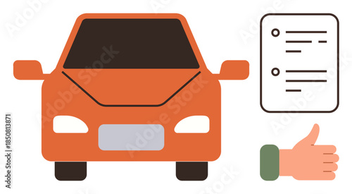 Orange car front, checklist document, and thumbs-up hand showing vehicle approval, quality assurance. Ideal for automotive, rental, sales, certification, evaluation warranty customer feedback