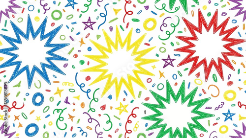 Colorful festive celebration pattern with bright starburst explosions, confetti, spirals, and joyful party doodles on a cheerful white background.