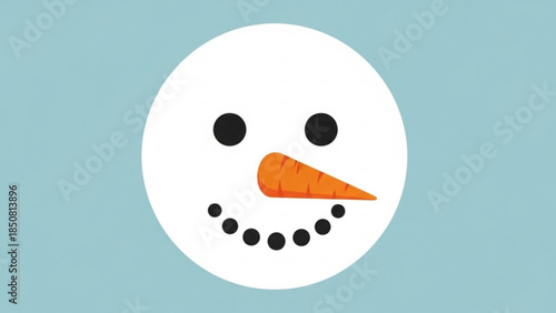 A cheerful cartoon snowman face with a carrot nose and coal eyes on a light blue background, winter fun and festive vibe