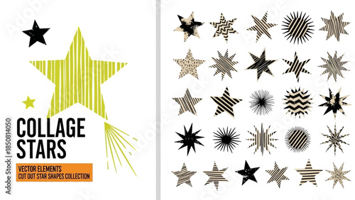 Modern collage star shapes collection featuring textured patterns, bold graphic designs, and creative abstract star elements in varied styles.