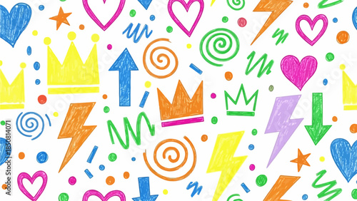Playful colorful doodle pattern filled with crowns, hearts, lightning bolts, arrows, spirals, and fun energetic shapes on white background.
