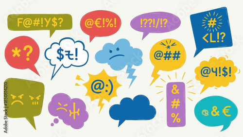 Colorful comic speech bubbles displaying censored symbols, emotional expressions, and cartoon-style reactions representing anger, shock, confusion, and frustration.