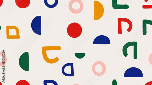 Abstract geometric patterns with colorful shapes on a light background, creating a playful and modern aesthetic