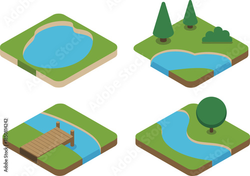 Isometric landscape tiles with water ponds rivers trees and bridge for nature map design flat vector illustration se