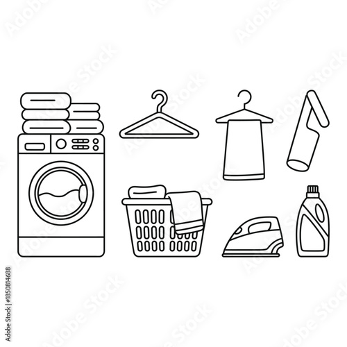Laundry essentials for cleaning and organizing clothes Vector illustration