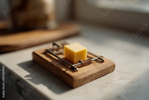 Wooden mousetrap with cheese in sunlight