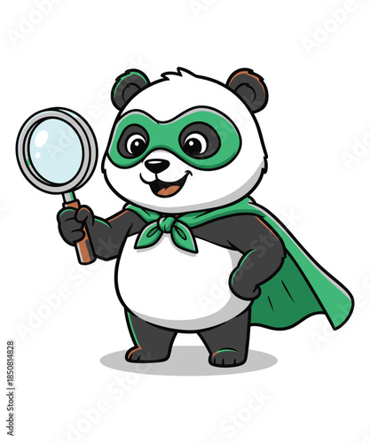 A cute cartoon superhero panda character holding a magnifying glass for investigation.
