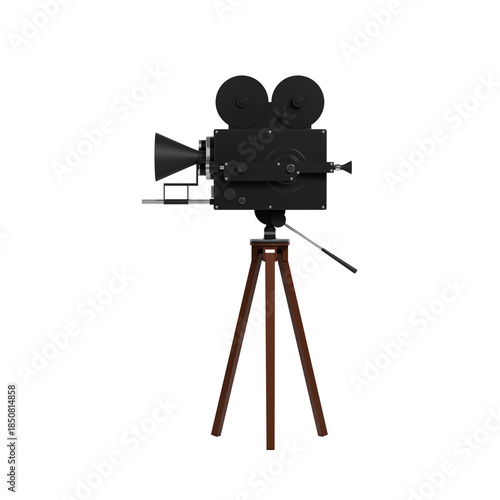 3d render of an old movie camera on a wooden tripod