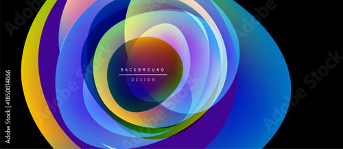 Abstract colorful layers create dynamic circular design. Vibrant hues blend, forming modern background element. Smooth gradients suggest movement.