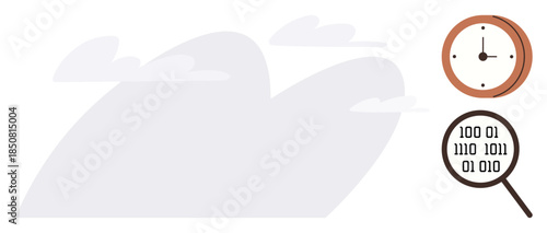 Clock representing time and binary code under a magnifying glass symbolizing analysis and data. Ideal for analytics, time management, coding, research, digital efficiency, technology, simple flat