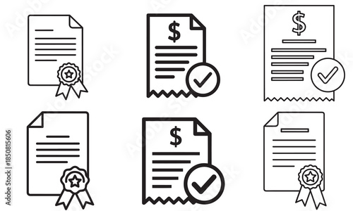 Collection of minimal line icons representing certified documents and approved payments