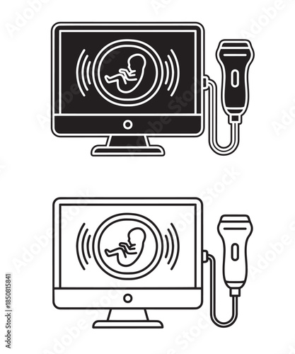 Prenatal ultrasound examination icon with fetus image displayed on monitor