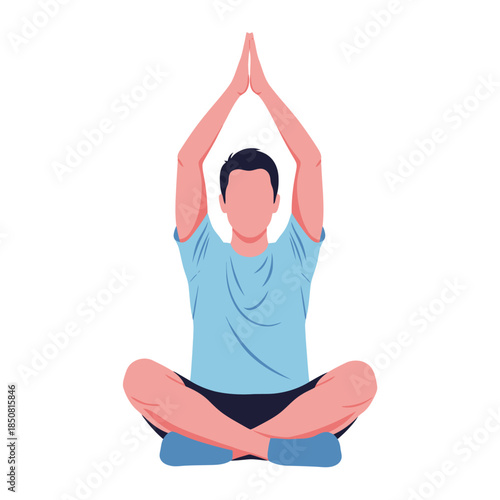 A faceless man in a flat style sitting in a lotus position, performing yoga and meditation with his hands raised above his head. Peaceful, calm and relaxing activity.