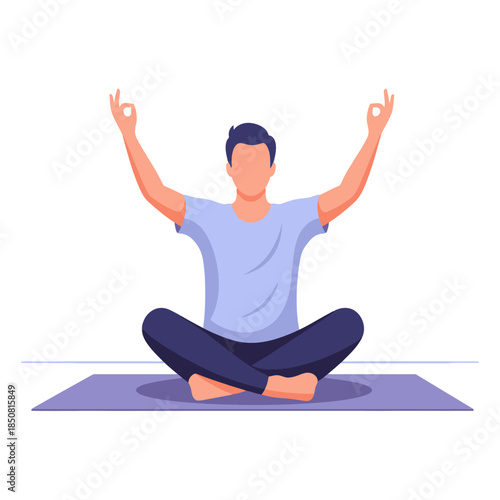 A minimalist style illustration of a faceless man meditating. He is sitting in the lotus position on a yoga mat, with his arms raised and hands in the Gyan Mudra
