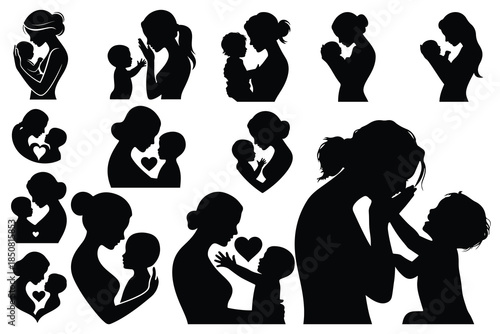 Silhouettes of mothers and children in various affectionate poses