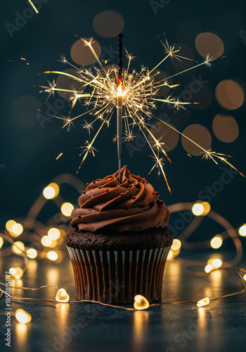Chocolate Cupcake With Sparkler And Hearts Of Lights