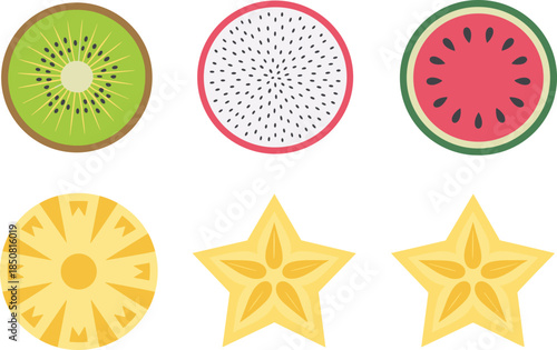 Flat minimalist fruit slice icons set with kiwi dragon fruit watermelon pineapple and star shapes colorful vector illustration