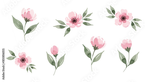 A collection of delicate watercolor illustrations featuring pink flowers and green leaves. These floral elements are perfect for adding a touch of elegance to various design projects, invitations.