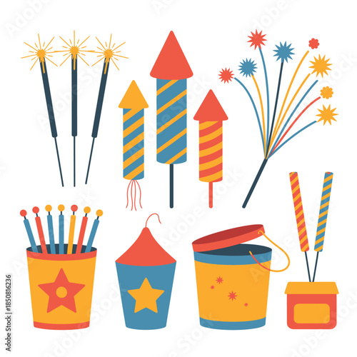 A collection of colorful fireworks and sparklers for celebration.