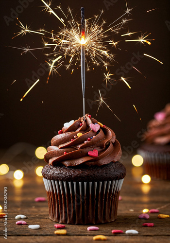 Chocolate Cupcake With Sparkler And Hearts Of Lights