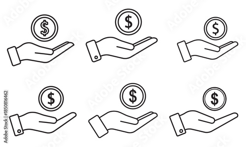 Hand receiving money payment icon set with dollar coin in outline style graphic