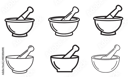 Collection of black line art mortar and pestle icons in various styles