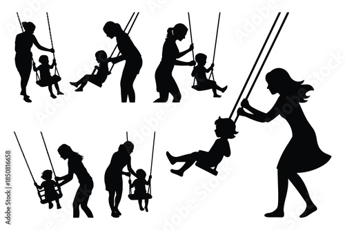 Silhouettes of Adults and Children Swinging Together