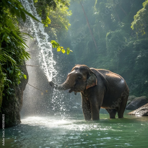 A massive Asian elephant bathing in a jungle waterfall, sparkling water, lush greenery
