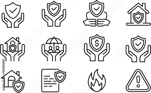 Insurance and protection line icons set showing security safety home health finance warning symbols minimal outline vector illustration