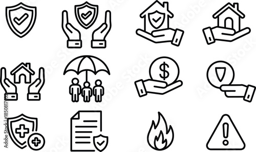 Insurance and protection line icons set showing security safety home health finance warning symbols minimal outline vector illustration