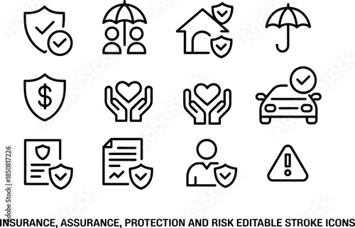 Insurance protection and risk management line icon set with home health car finance safety symbols editable stroke vector illustration