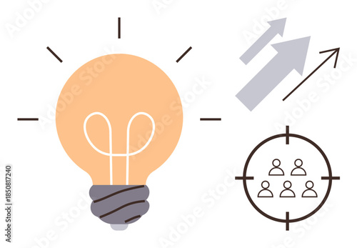 Light bulb for creativity, rising arrows for growth, and a targeted team represent ideas, innovation, teamwork, strategic growth, collaboration, goal setting, and focus a simple flat metaphor