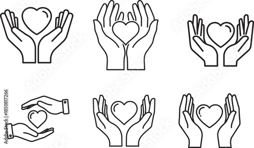 Hands holding heart icons set illustrating care, love, and protection concepts