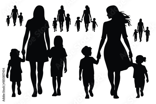 Silhouettes of women and children holding hands in a group