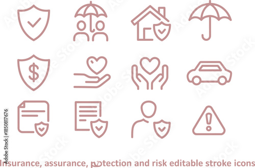 Insurance protection and risk management line icon set with home health car finance safety symbols editable stroke vector illustration