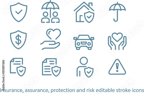 Insurance protection and risk management line icon set with home health car finance safety symbols editable stroke vector illustration