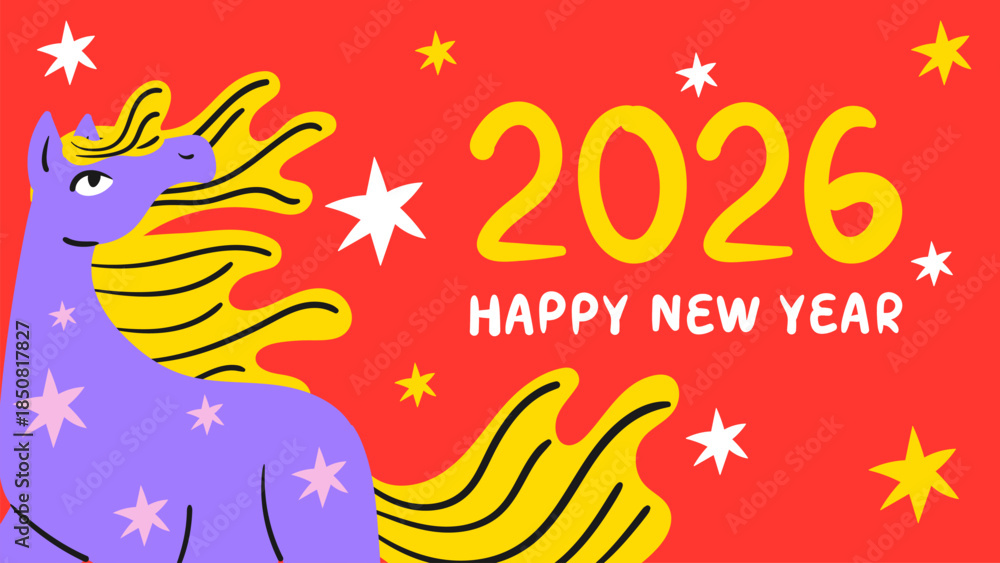Obraz premium Colorful Chinese New Year of the horse 2026 banner. Hand drawn bright poster. Doodle style flat vector illustration.
